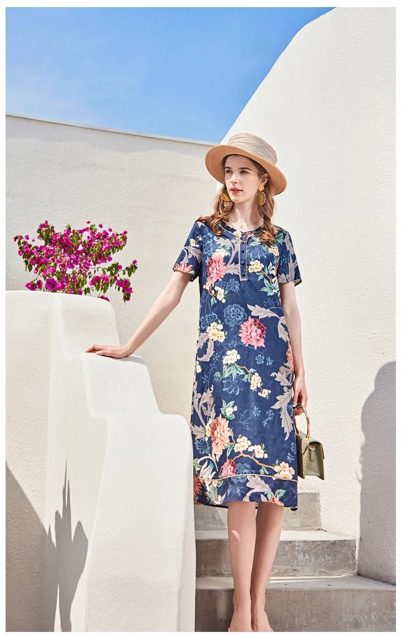 100% Silk Women's Runway Dresses O Neck Short Sleeves Floral Printed Fashion Short Summer Dresses - Image 7