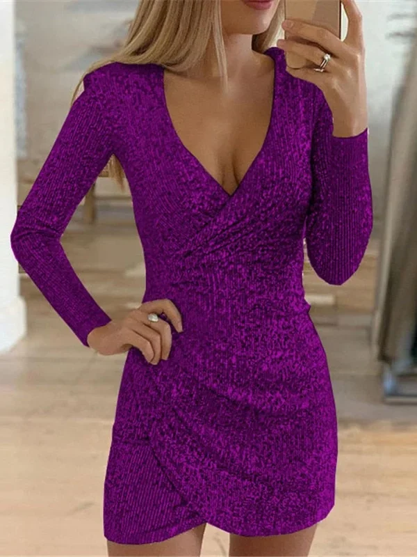 Sexy v-Neck Solid Color Sequins Dress Women Summer Irregular Shining Multicolor Long Sleeve Party Bar Mini Dress