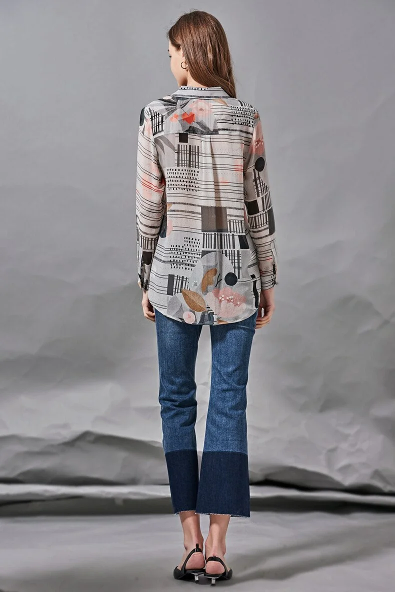 100% Silk Women's Shirt Turn Down Collar Long Sleeves Printed Elegant Blouse Fashion Camisa Tops - Image 4