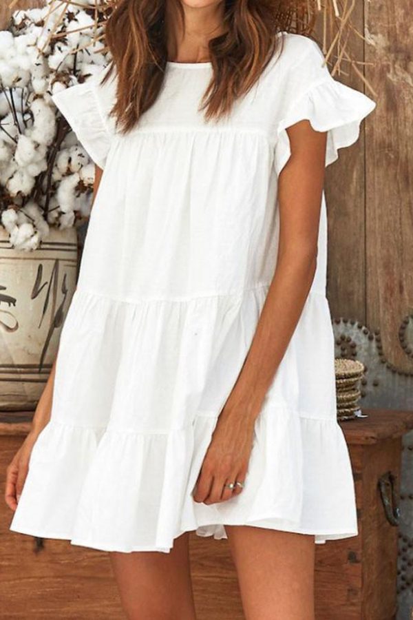 Women Casual Ruffle O Neck Short Sleeve Dress - Takalr