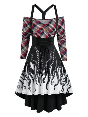 Casual Dress Women Plus Size Plaid Octopus Print Cold Shoulder Twofer Dress Long Sleeve Faux Twinset Gothic Party Dress