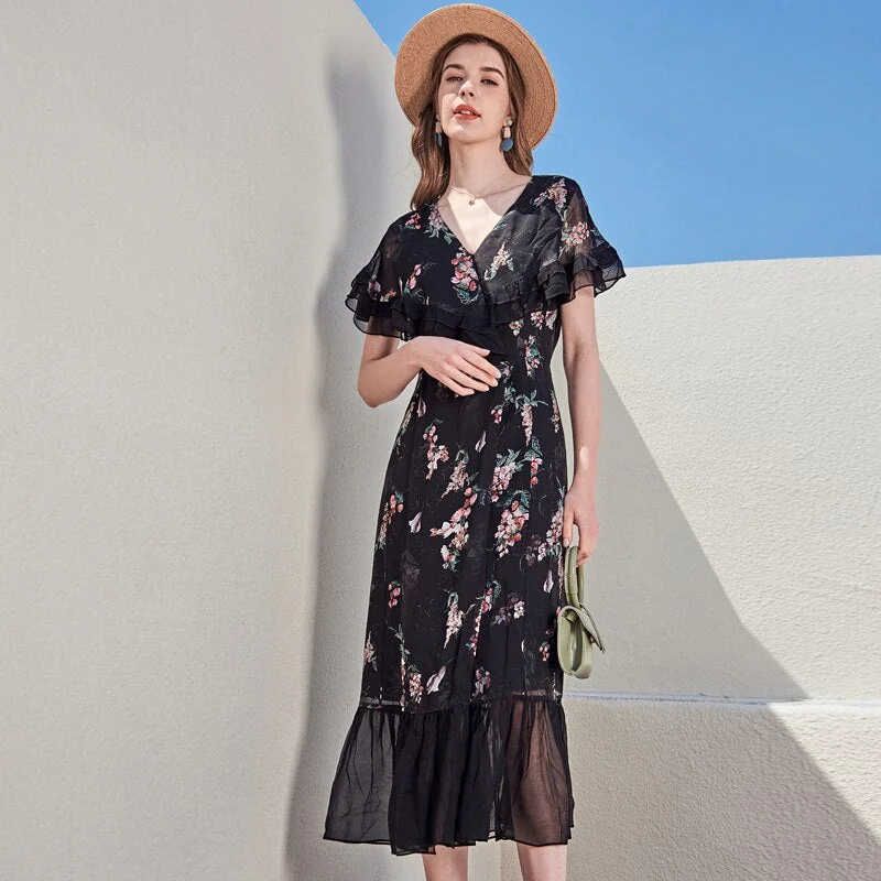100% Silk Women's Runway Dresses Sexy V Neck Ruffles Short Sleeves Floral Printed Fashion Casual Mid Calf Dresses