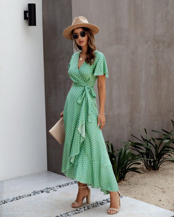 Summer Maxi Dress Women Polka Dot Sexy V Neck Ruffles Short Sleeve Holiday Long Beach Sundress Ladies Lace Up Wrap Party Dresses - Takalr