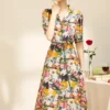 100% Natural Silk Women's Runway Dresses Turn Down Collar Short Sleeves Floral Printed Sash Belt Fashion Summer Holiday Bohemian