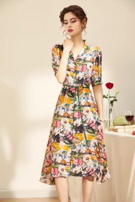100% Natural Silk Women's Runway Dresses Turn Down Collar Short Sleeves Floral Printed Sash Belt Fashion Summer Holiday Bohemian