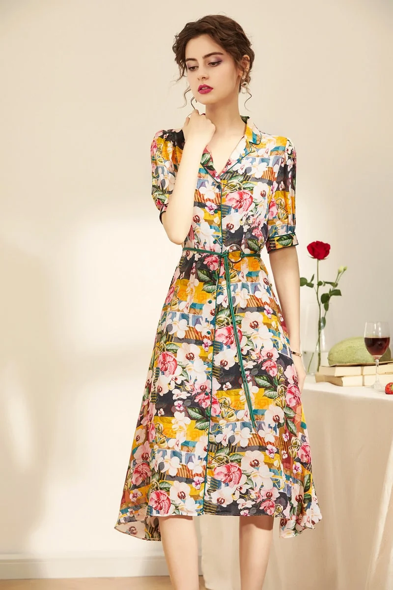 100% Natural Silk Women's Runway Dresses Turn Down Collar Short Sleeves Floral Printed Sash Belt Fashion Summer Holiday Bohemian