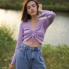 LVINMW V Neck Flare Sleeve Long Drawstring Slim Purple Crop Top Pleated Solid Simple Sweet T Shirts Women Casual Autumn Tops - Takalr