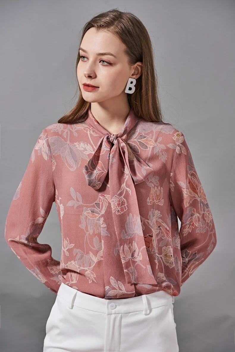100% Silk Women's Shirt Bow Collar Long Sleeves Floral Printed Fashion Blouse Camisa Tops - Image 2