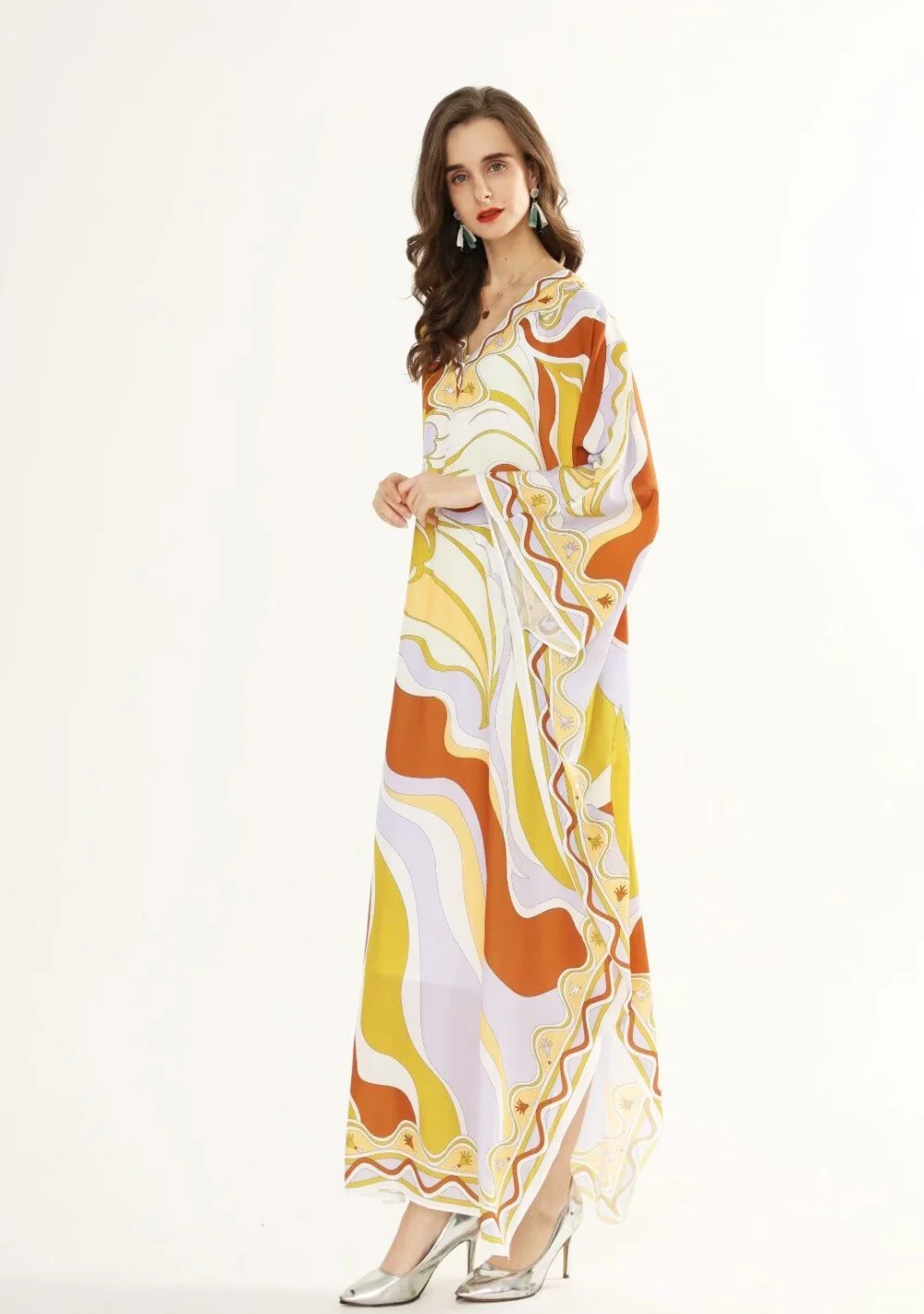 Women's Runway Dresses V Neck Batwing Sleeves Printed Sexy Spit Loose Elegant Casual Maxi Long Dress - Image 3