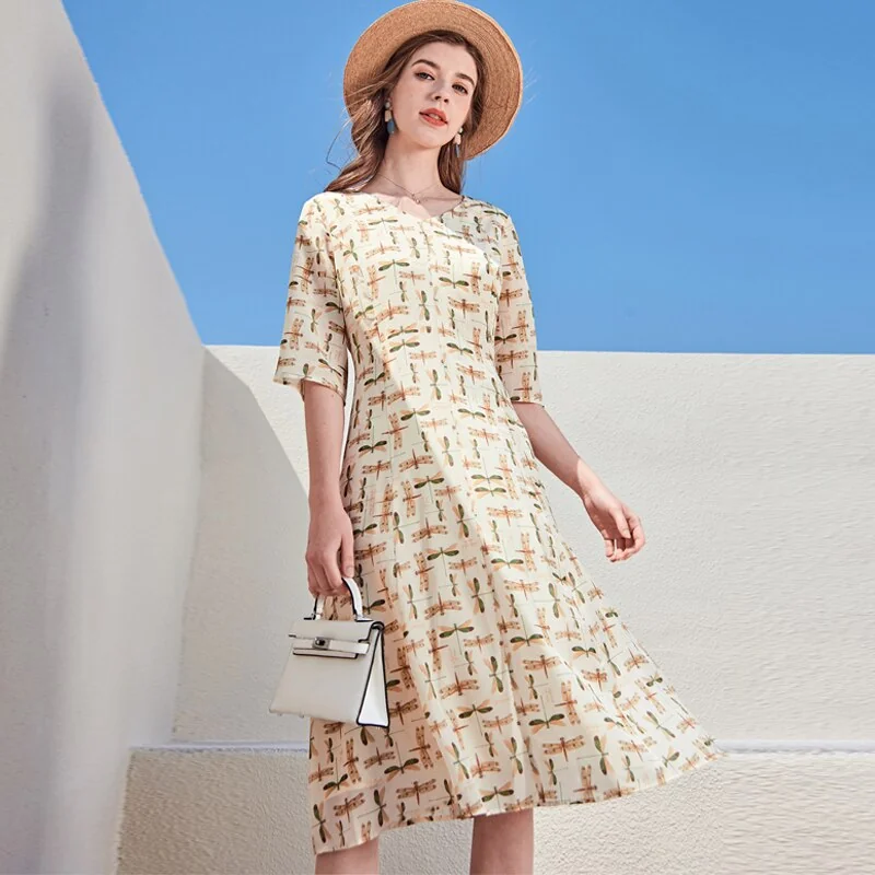 100% Silk Women's Runway Dresses Sexy V Neck 3/4 Sleeves Printed Fashion Holiday Summer Dresses - Image 3