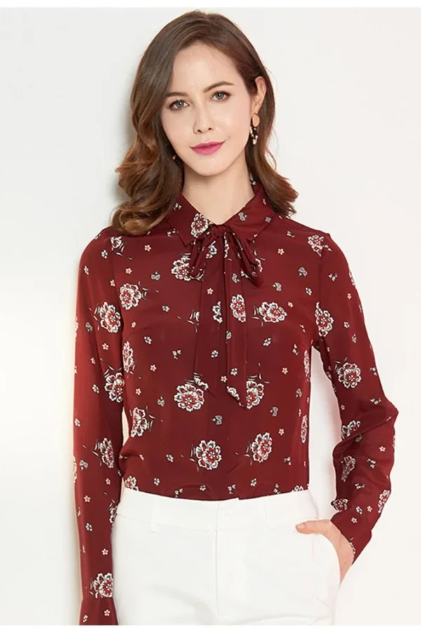 100% Natural Silk Women's Runway Shirts Turn Down Collar Long Sleeves Floral Printed Bow Detailing Fashion Casual Shirts Blouse