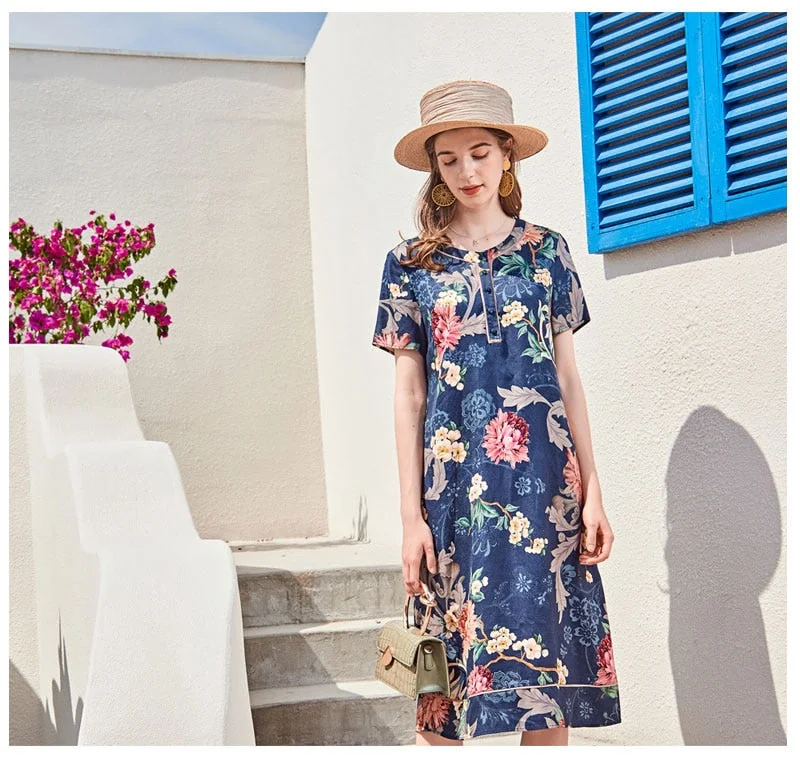 100% Silk Women's Runway Dresses O Neck Short Sleeves Floral Printed Fashion Short Summer Dresses - Image 6