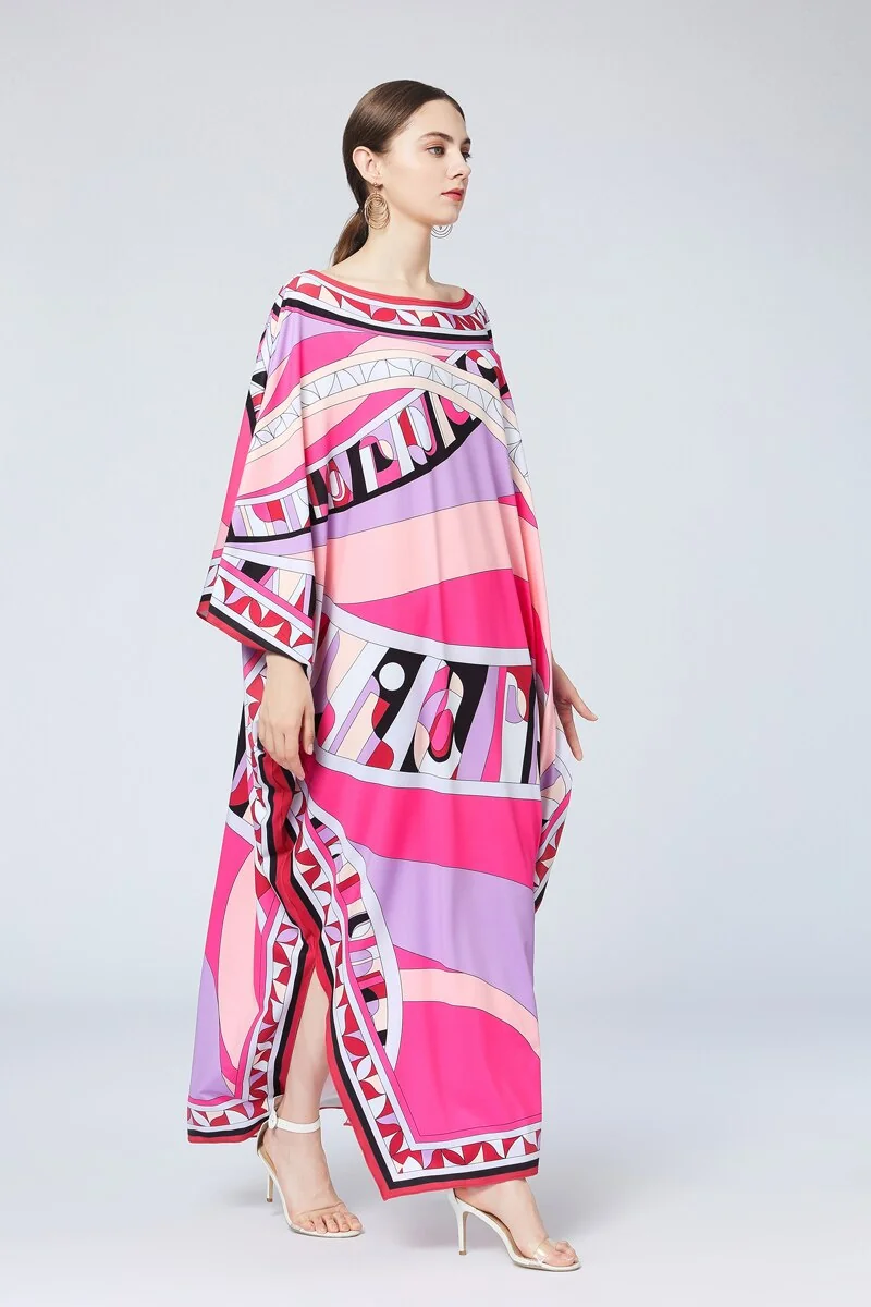 Women's Runway Loose Design Dresses Slash Neckline Batwing Sleeves Multicolor Printed Elegant High Street Maxi Dresses - Image 5
