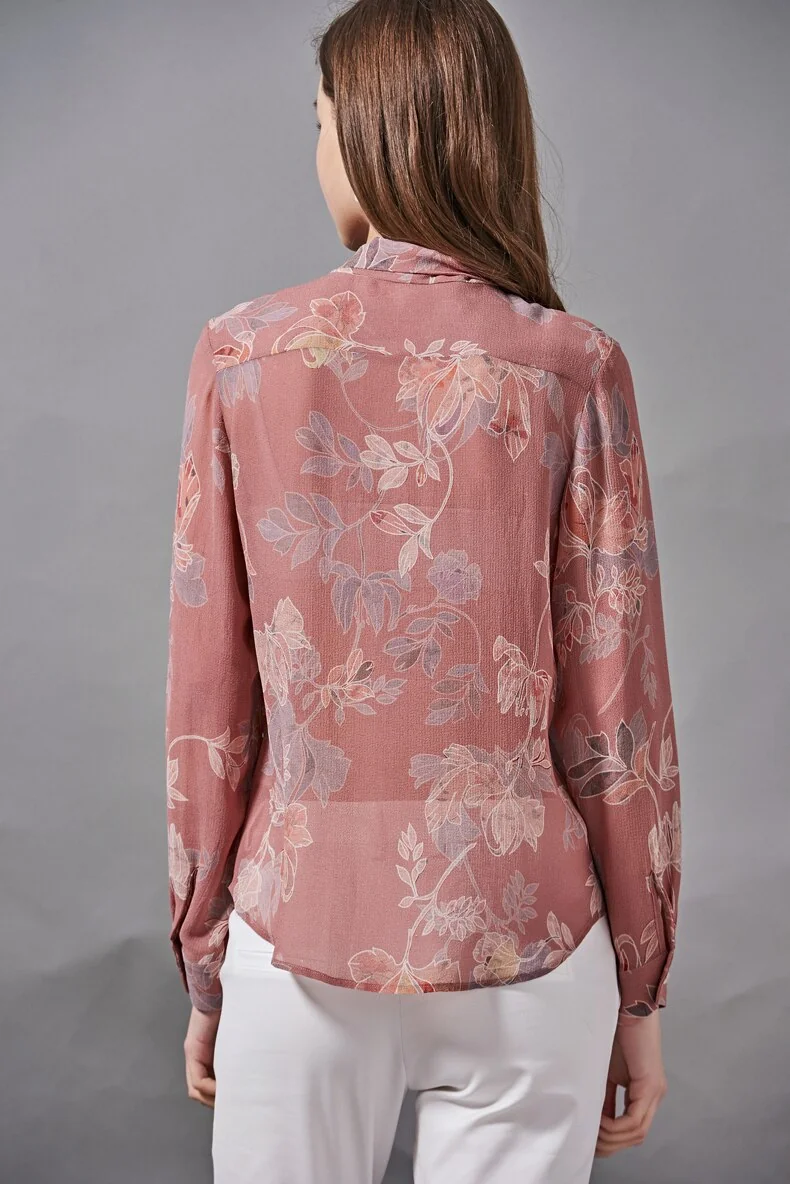 100% Silk Women's Shirt Bow Collar Long Sleeves Floral Printed Fashion Blouse Camisa Tops - Image 7