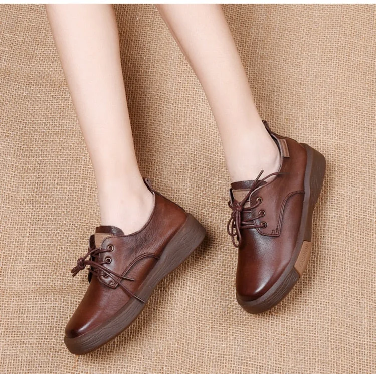 Sneakers Women Genuine Cow Leather Round Toe Lace-Up Ladies Retro Casual Flat Shoes Handmade Loafers - Image 6