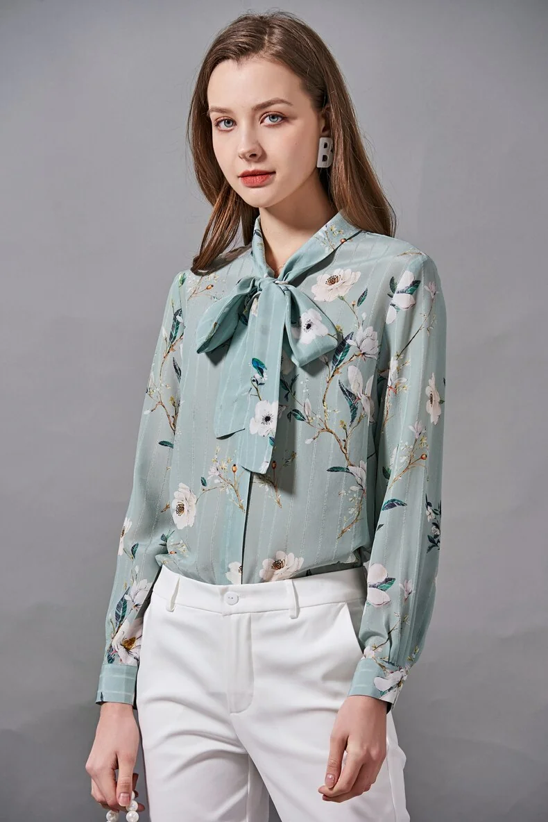 100% Silk Women's Shirt Bow Collar Lace Up Floral Printed Elegant High Street Blouse Camisa Tops - Image 12