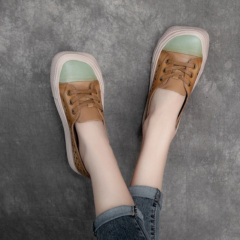 Women Sneakers Genuine Leather Lace-Up Hollow Handmade Platform Shoes