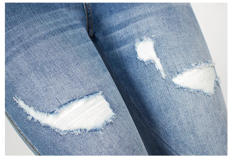 Ripped Mid-waist Stretch Jeans Women's Trousers Pencil Pants Split Hem Destroy Jeans - Image 12