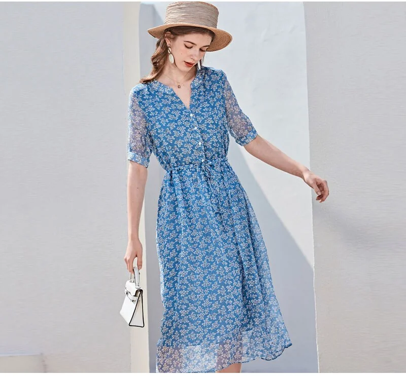 100% Silk Women's Runway Dresses Sexy V Neck Short Sleeves Printed Lace Up Waist Fashion Casual Summer Dresses - Image 9