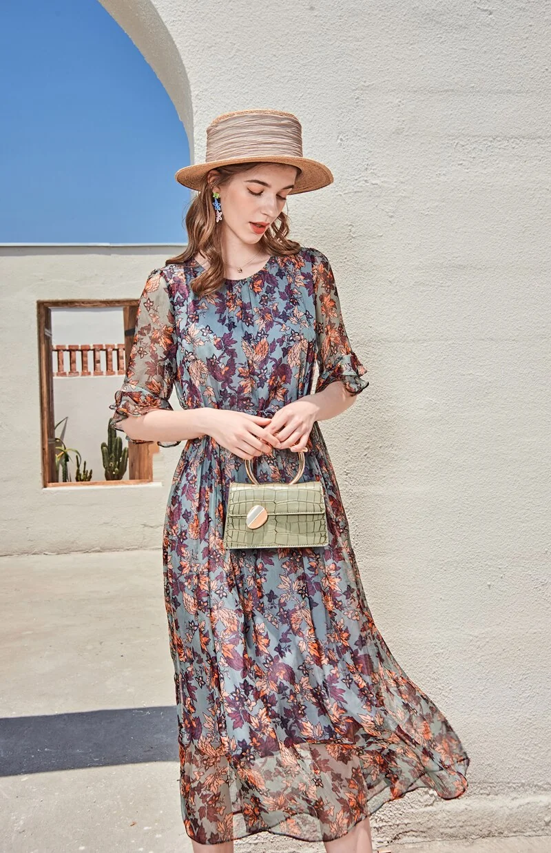 100% Silk Women's Runway Dresses O Neck Short Sleeves Ruffles Floral Printed Lace Up Waist Fashion Casual Mid Calf Dresses - Image 5