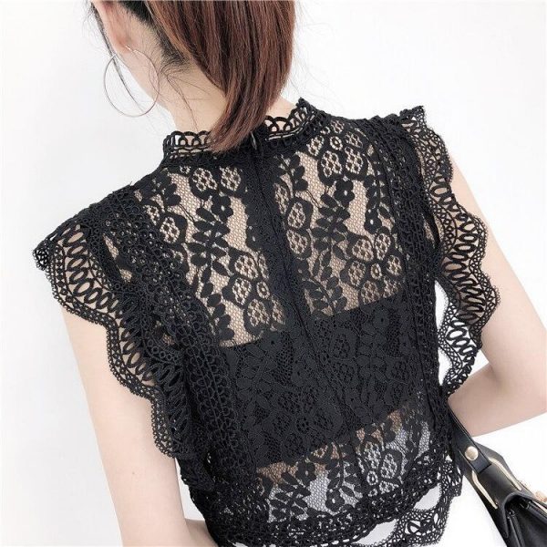 Summer new women's fresh temperament openwork lace top women's solid color wild vest women - Takalr