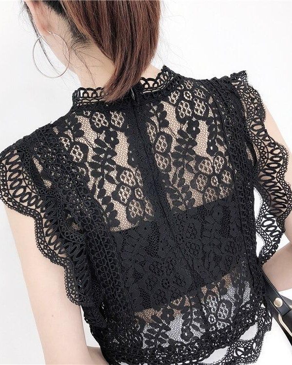 Summer new women's fresh temperament openwork lace top women's solid color wild vest women - Takalr