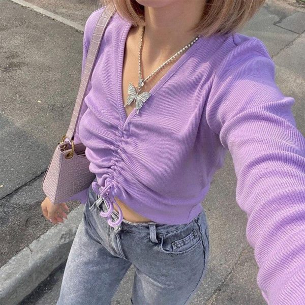 LVINMW V Neck Flare Sleeve Long Drawstring Slim Purple Crop Top Pleated Solid Simple Sweet T Shirts Women Casual Autumn Tops - Takalr