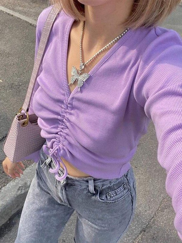 LVINMW V Neck Flare Sleeve Long Drawstring Slim Purple Crop Top Pleated Solid Simple Sweet T Shirts Women Casual Autumn Tops - Takalr