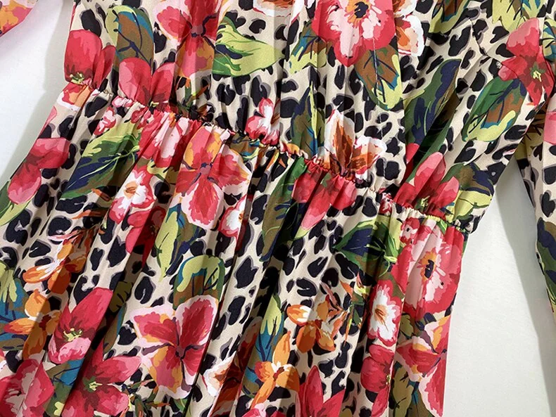 Women's Runway Dress Sexy V Neck Long Sleeves Floral Printed Sash Belt Ruched Fashion Maxi Dresses Vestidos - Image 6
