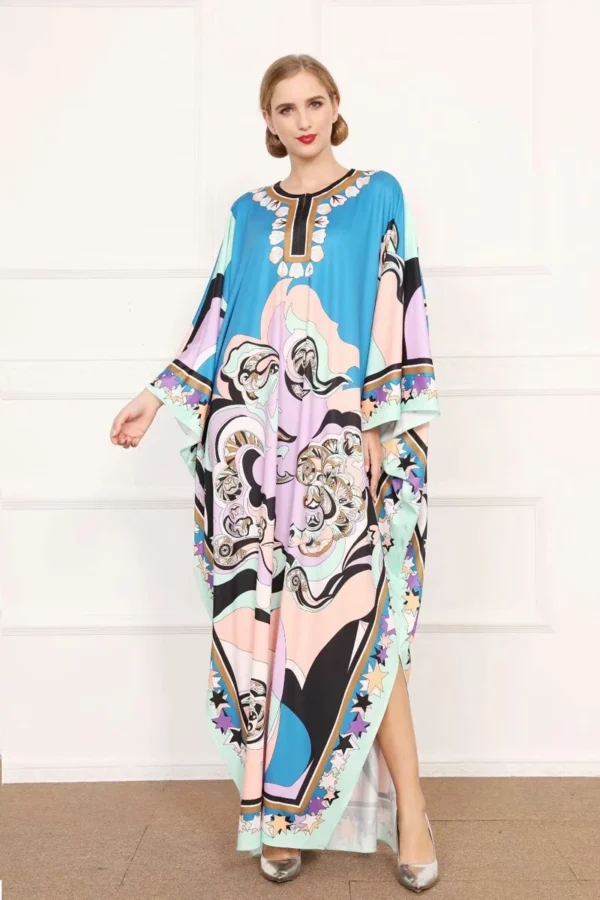 Autumn Women's Runway Dresses O Neck Batwing Sleeves Printed Loose Deisgn Plus Sizes Split Knitted Elastic Long Maxi Dresses