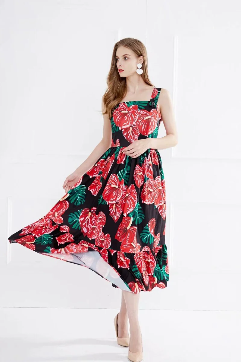 Women's Runway Dresses Sexy Spaghetti Straps Square Neckline Floral Printed Ruffles Fashion Casual Summer Dresses - Image 2