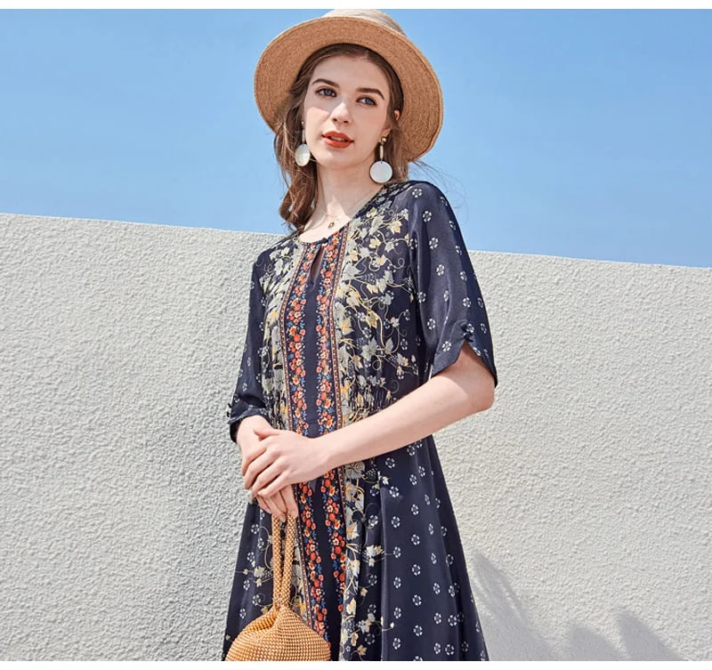 100% Silk Women's Runway Dresses O Neck Short Sleeves Printed Lace Up Fashion Casual Mid Summer Dresses - Image 7