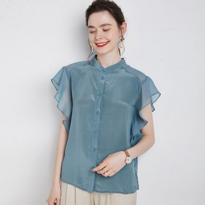 100% Silk Women's Shirt O Neck Short Flare Sleeves Ruffles Fashion Casual Blouse Tops