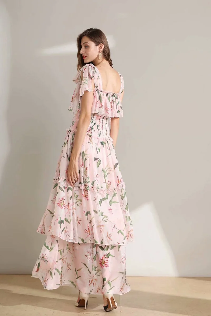 Women's Runway Dresses Spaghetti Straps Floral Printed Elastic Waist Tiered Ruffles Fashion Long Designer Dresses - Image 9