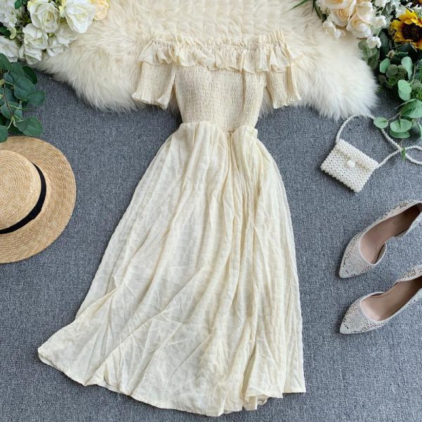 Summer Dress Solid Off Shoulder Dresses Women High Waist Chiffon - Takalr