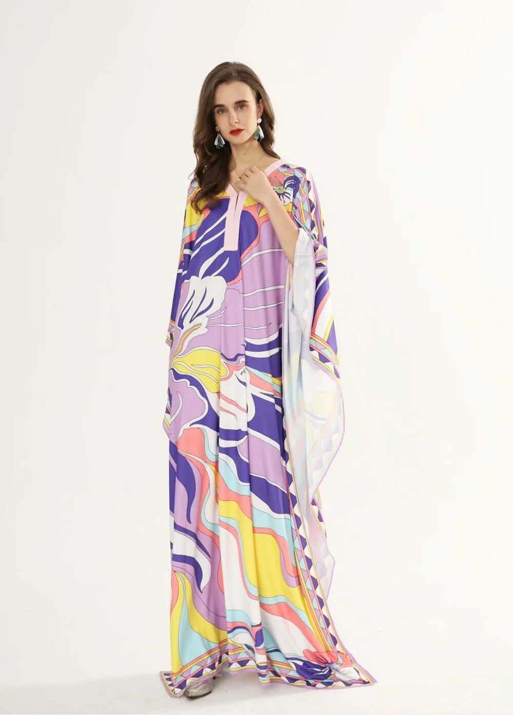 Women's Runway Dresses O Neck Batwing Sleeves Printed Loose Deisgn Plus Sizes Holiday Knitted Long Maxi Dresses - Image 3