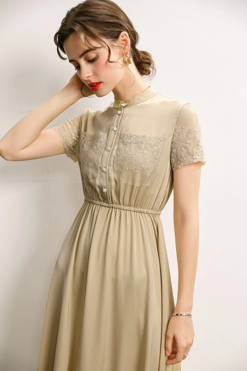 93.3% Silk 7.7% Spandex Women's Dresses O Neck Short Sleeves Embroidery Elastic Waist Elegant Summer Dress Vestidos - Image 3
