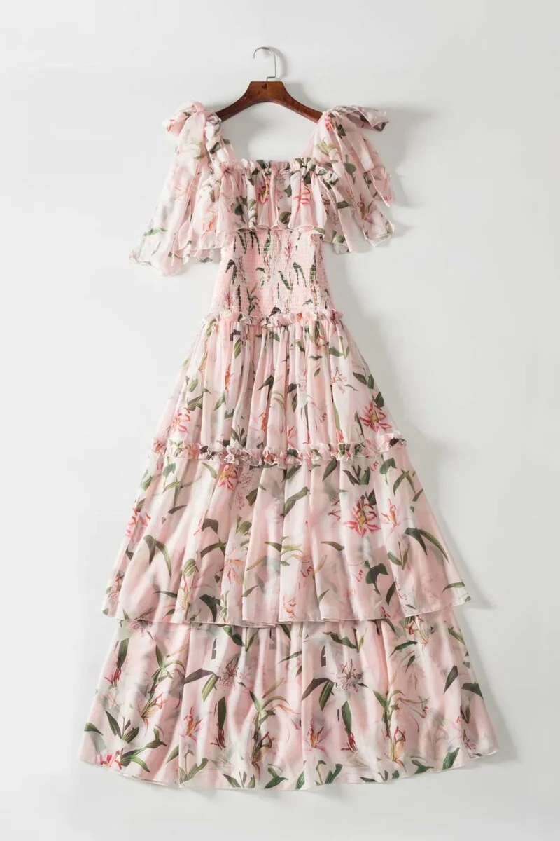 Women's Runway Dresses Spaghetti Straps Floral Printed Elastic Waist Tiered Ruffles Fashion Long Designer Dresses - Image 10