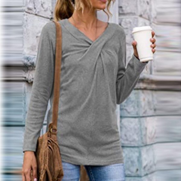 Women V-Neck Solid T-Shirt Loose Long Sleeve Plus Size Shirts Autumn Spring Pullover Tops 2020 Female Cotton Tee Shirts - Takalr