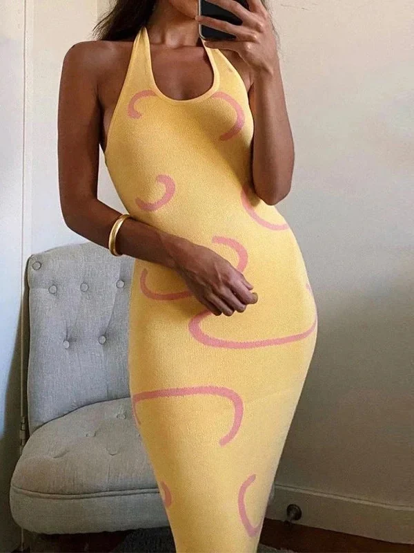 Yellow Knitted Summer Dress Sexy Vacation Outfits for Women Beach Hawaiian Halter Backless Long Sundress C88-DE35