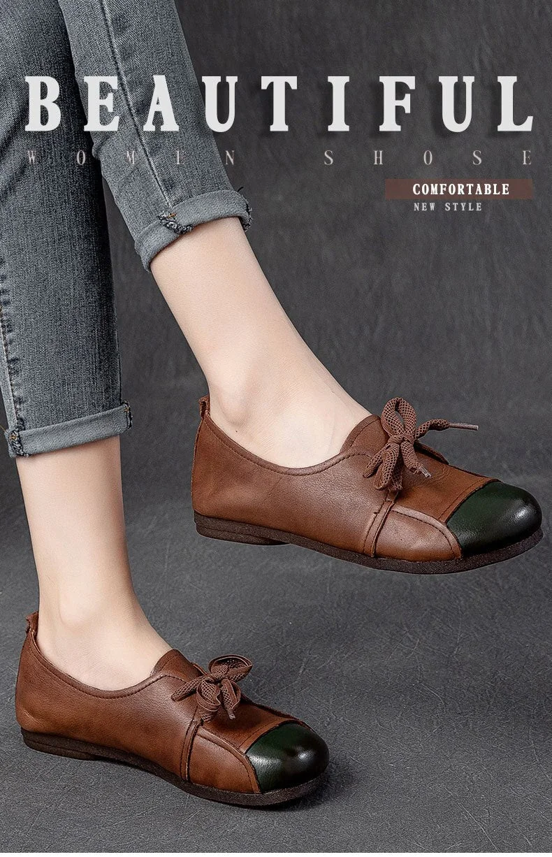 Flats Women Shoes Mixed Colors Genuine Leather Lace-Up Retro Round Toe Shallow Concise Handmade Ladies Shoes - Image 4