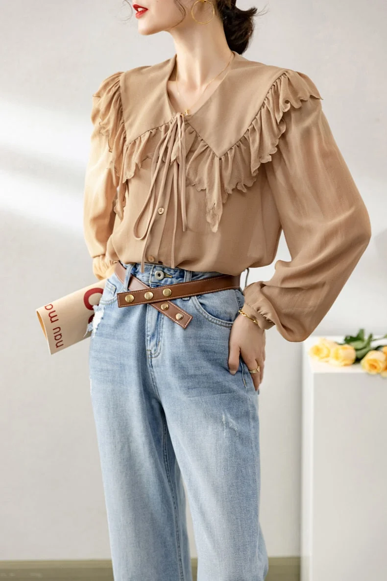 100% Silk Women's Shirt Turn Down Collar Long Sleeves Lace Up Ruffles Elegant Fashion Blouse Tops - Image 4