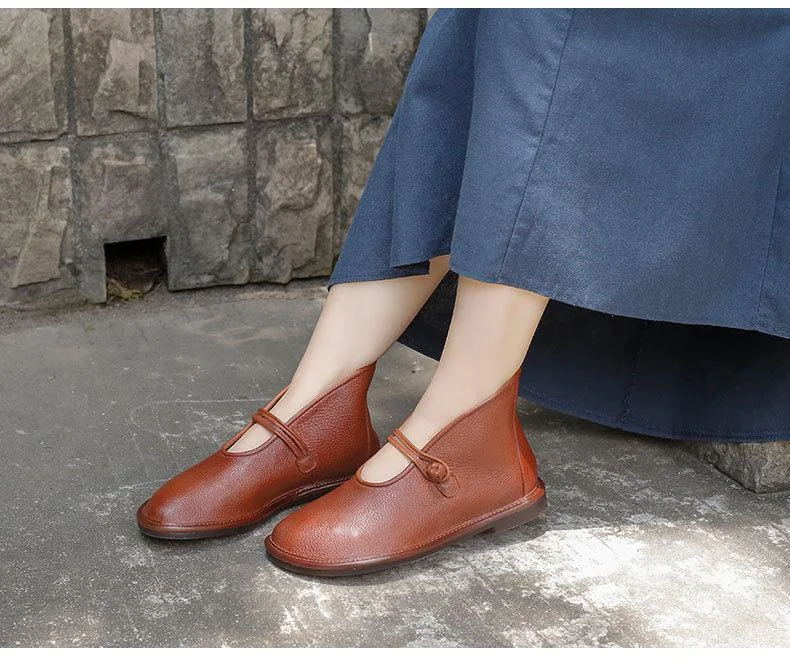 Flats Women Shoes Autumn Retro Buckle Strap Round Toe Genuine Leather Sewing Handmade Casual Ladies Shoes - Image 3