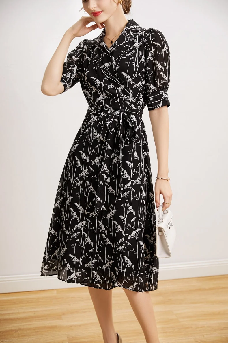 100% Natural Heavy Silk Women's Dresses Notched Collar Short Sleeves Sash Belt Printed Elegant Summer Dress Vestidos - Image 3