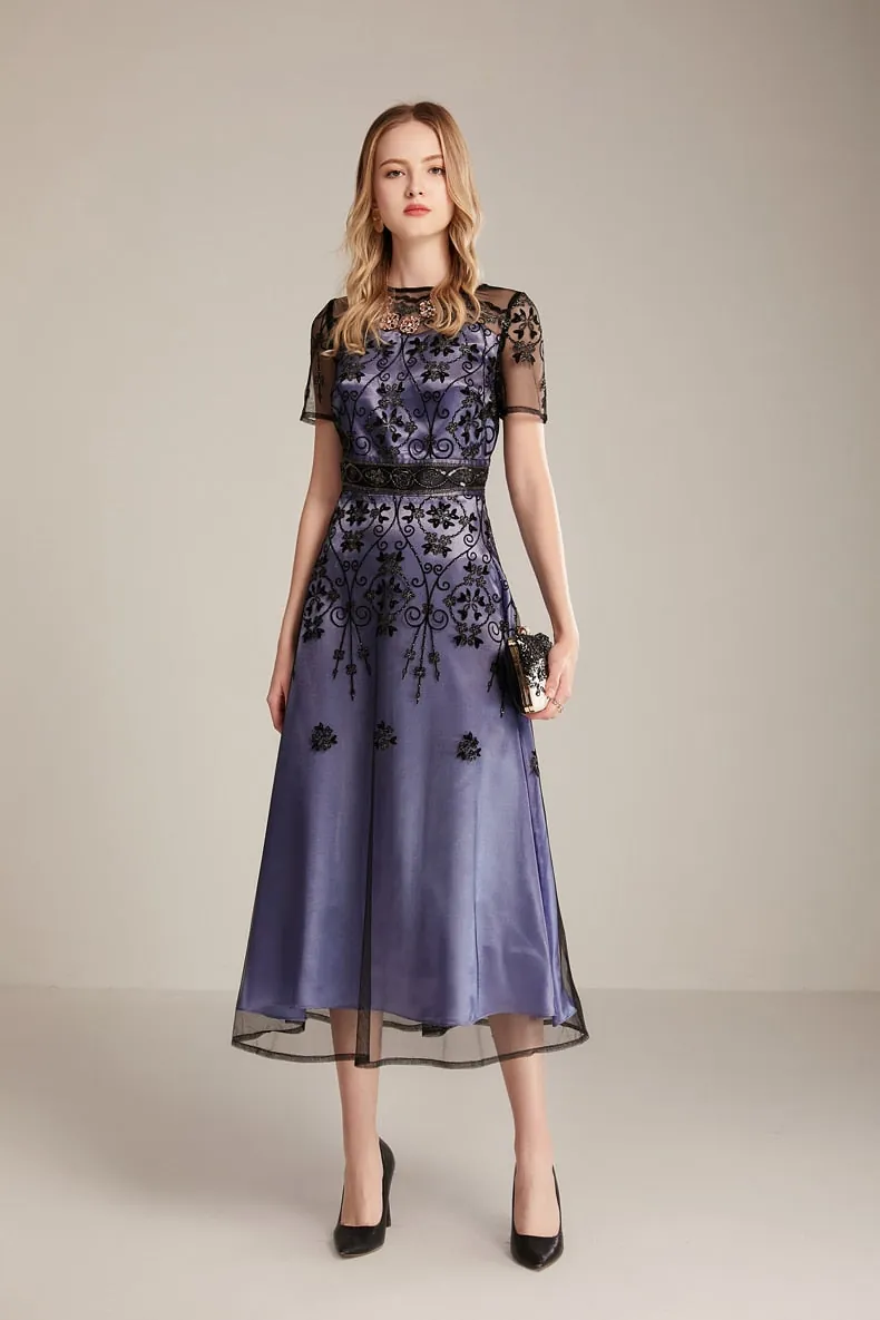 Women's Runway Dresses O Neck Short Sleeves Embroidery Beaded Elegant Fashion Mid Calf Dresses