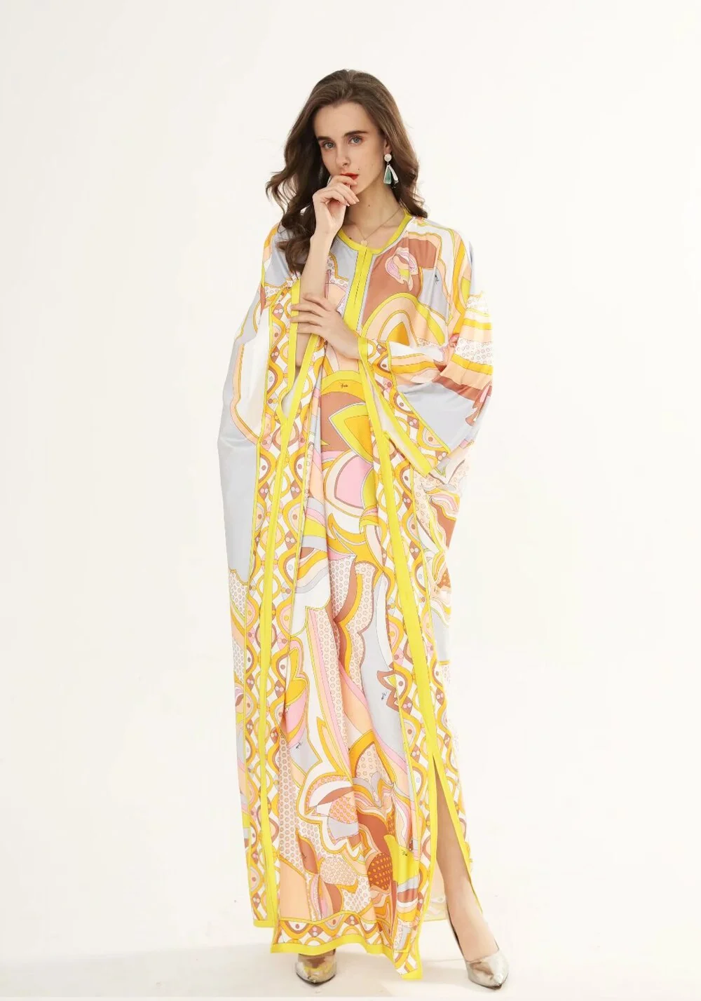 Women's Runway Dresses O Neck Batwing Sleeves Printed Loose Deisgn Plus Sizes Holiday Knitted Elastic Long Maxi Dresses - Image 5