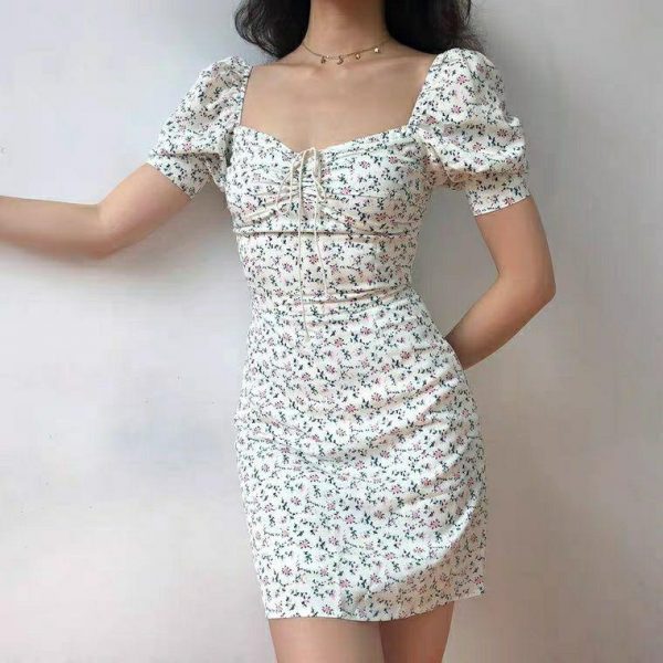 Summer Dress Retro Boho Women Tie Neck Floral Print Floral Mini Sexy White Dress Elegant Puff Sleeve Dresses Korean Vestidos - Takalr