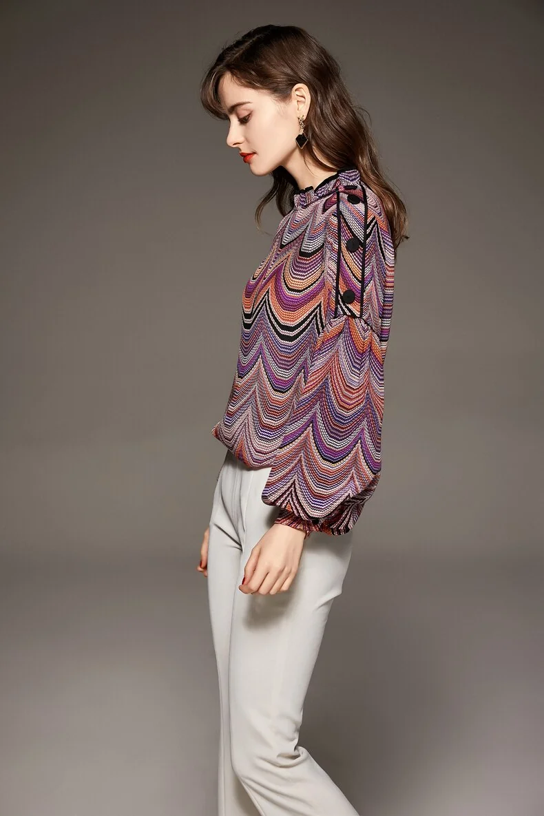 100% Silk Women's Shirt Ruffled Collar Long Lantern Sleeves Waves Printed Piping Fashion Casual Blouse - Image 6
