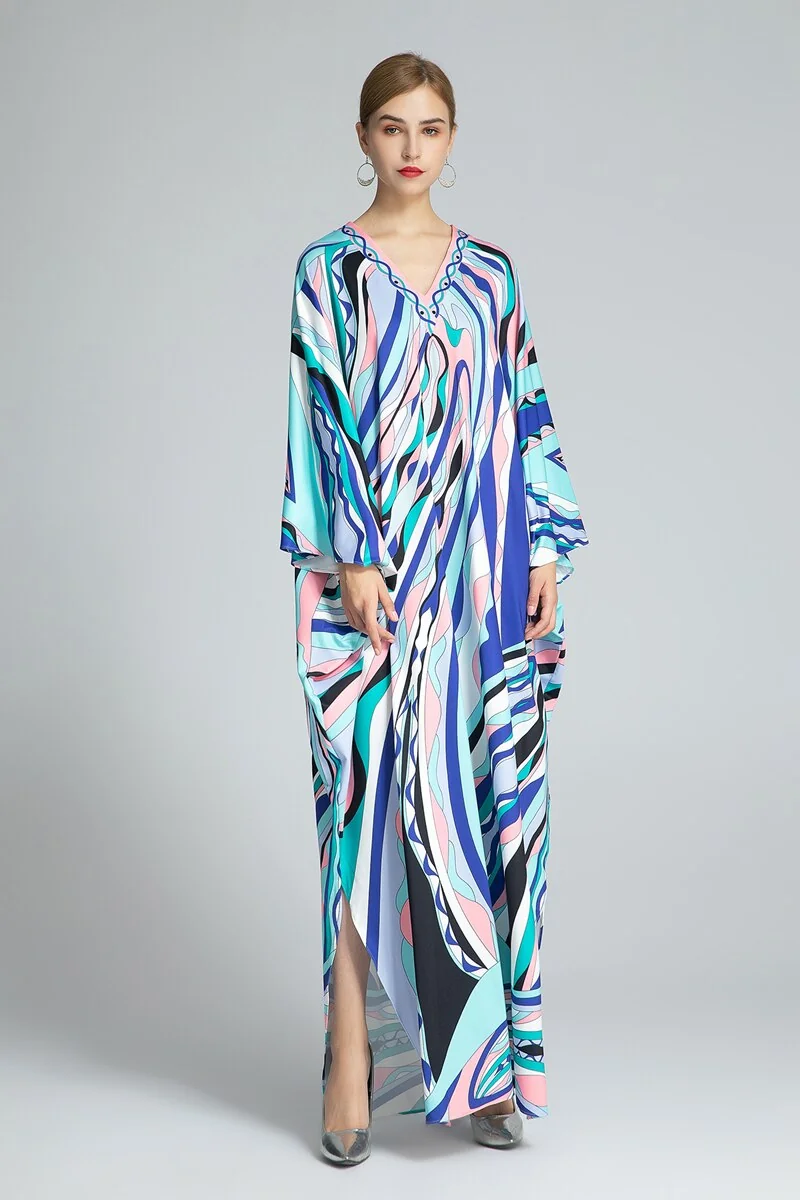 Women's Runway Dresses Sexy V Neck Batwing Sleeves Printed Knitted Loose Design Long Spit Fashion Dresses