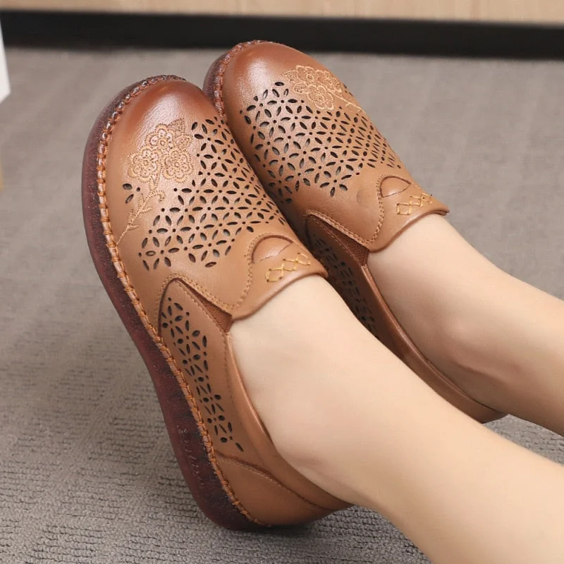 Spring Summer Slip On Women Shoes Hollow Breathable Genuine Leather Moccasins Flats Shoes Female - Image 8